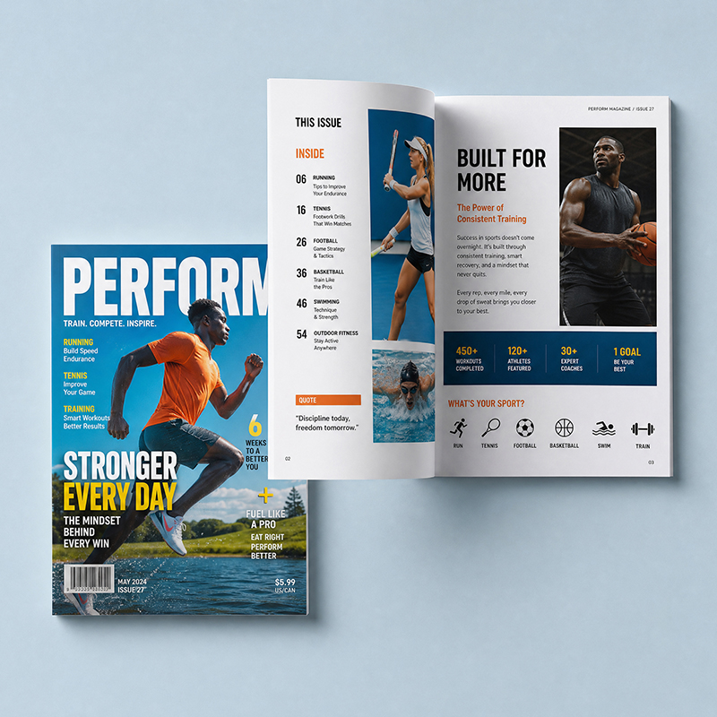 Custom printed magazine cover standing beside an open interior spread with a full-bleed photograph and a contents page