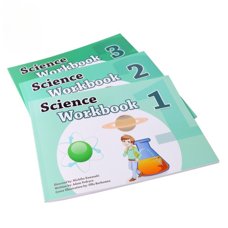 Three stacked Science Workbook textbook covers for grades one to two and three