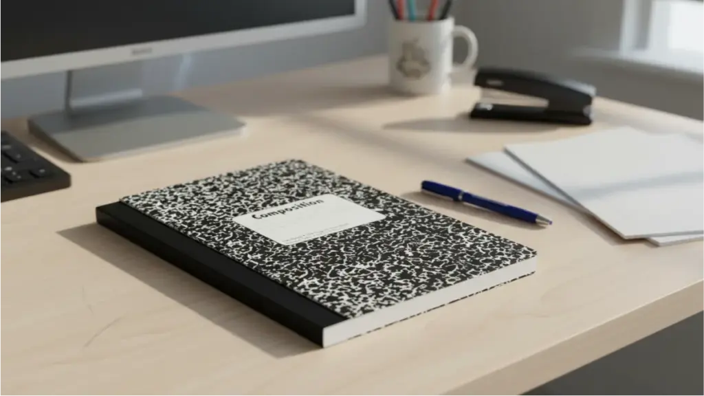 a black and white marble composition book on the table