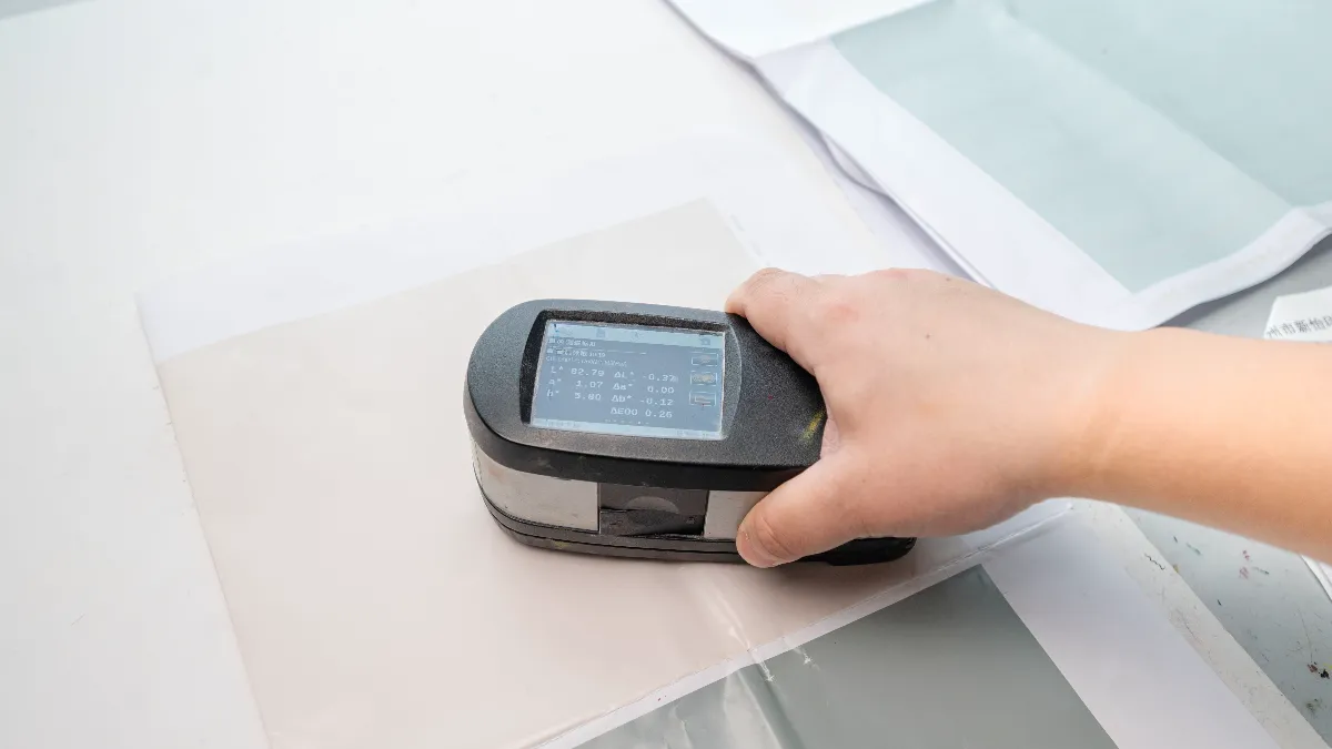 Technician checking a printed sheet with a handheld gloss meter