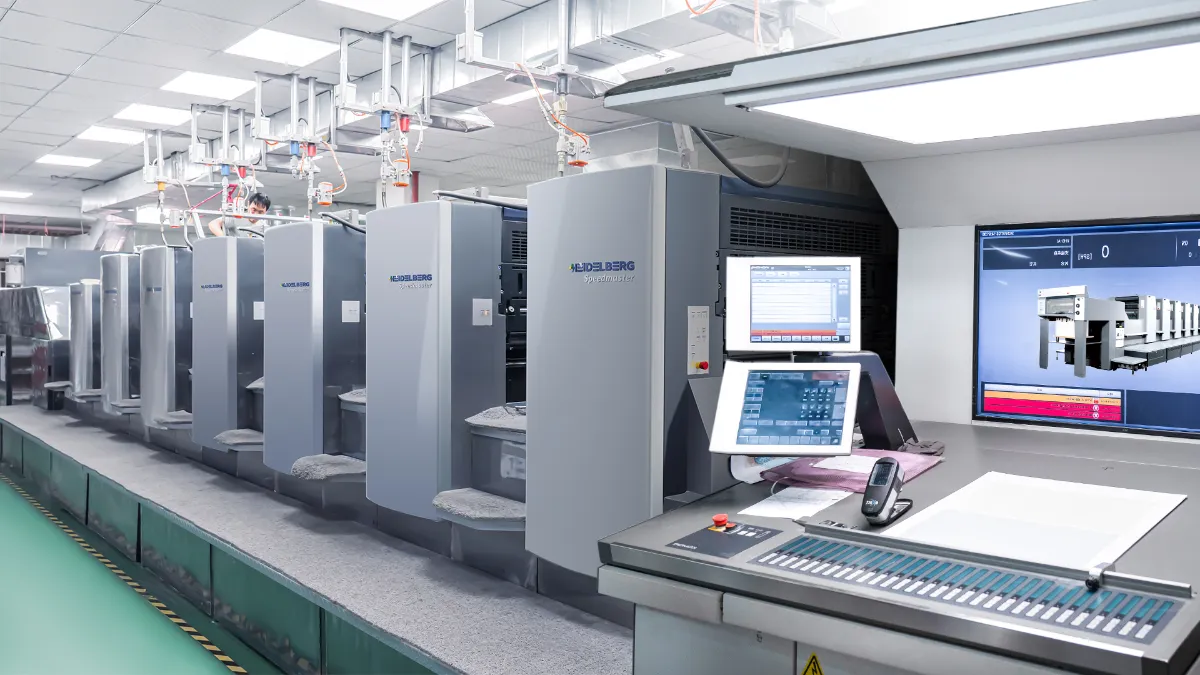 Offset printing press line inside a book printing factory