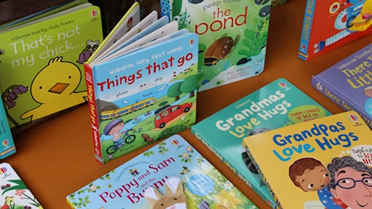 Colorful children's board books with various titles displayed together