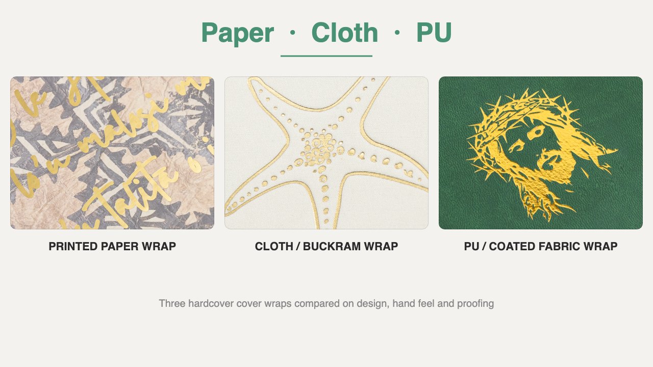 Three hardcover cover wraps side by side: printed paper wrap with gold foil script, cloth buckram wrap with gold foil starfish, and green PU wrap with gold foil artwork