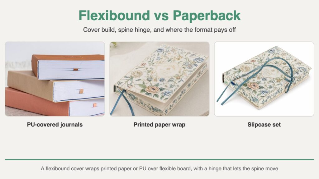 Flexibound versus paperback comparison graphic showing three flexibound builds: PU-covered journals, a printed paper wrap journal, and a slipcase set