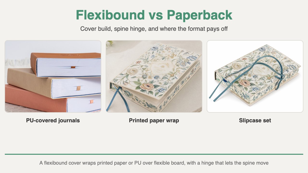 Comparison graphic showing three flexibound builds: a stack of PU-covered journals, two floral printed paper wrap journals, and a slipcase set with a ribbon handle