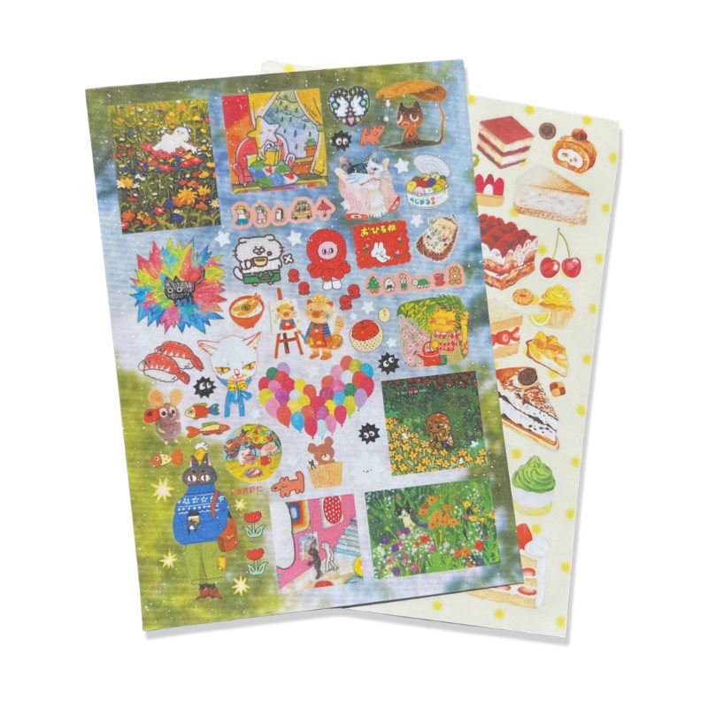 Two overlapping clear sticker sheets on a white background, one printed with painterly cats, balloons and flowers on a green wash, the other with cakes, pastries and cherries on cream