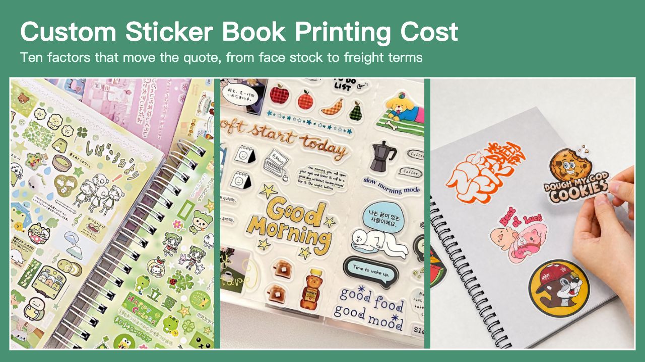 Cover graphic with a green title bar reading Custom Sticker Book Printing Cost above three photos: an open twin-loop sticker book with pastel character stickers, a clear planner sheet with Good Morning kiss-cut stickers, and a hand placing a cookie-shaped sticker