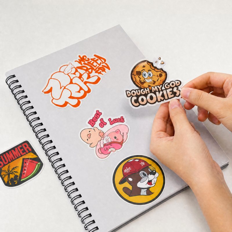 Two hands placing a cookie shaped sticker onto a grey twin-loop bound sticker book that already carries graffiti lettering, a watermelon and a firefighter dog sticker